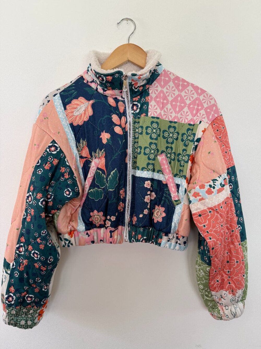 AS Revival Patchwork Quilted Floral Sherpa Lined Cropped Jacket Size S Boho
